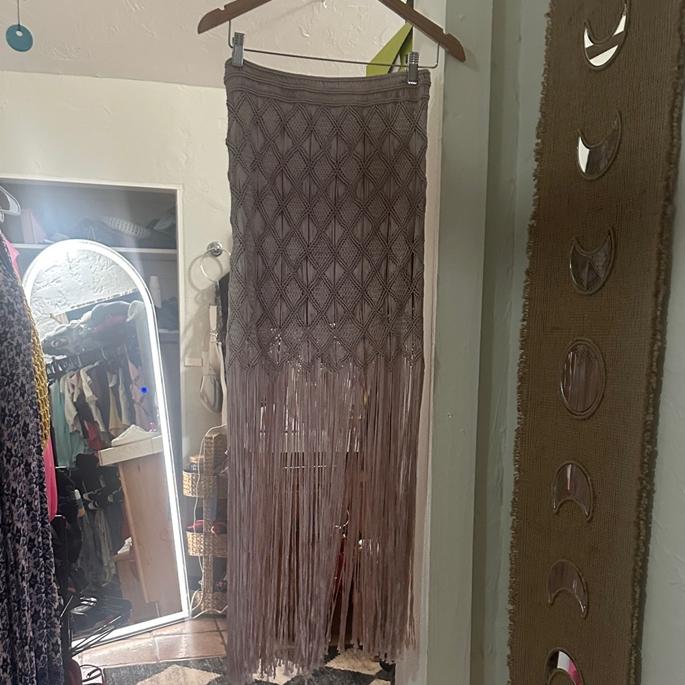 H&M Textured Fringe Maxi Skirt in Taupe